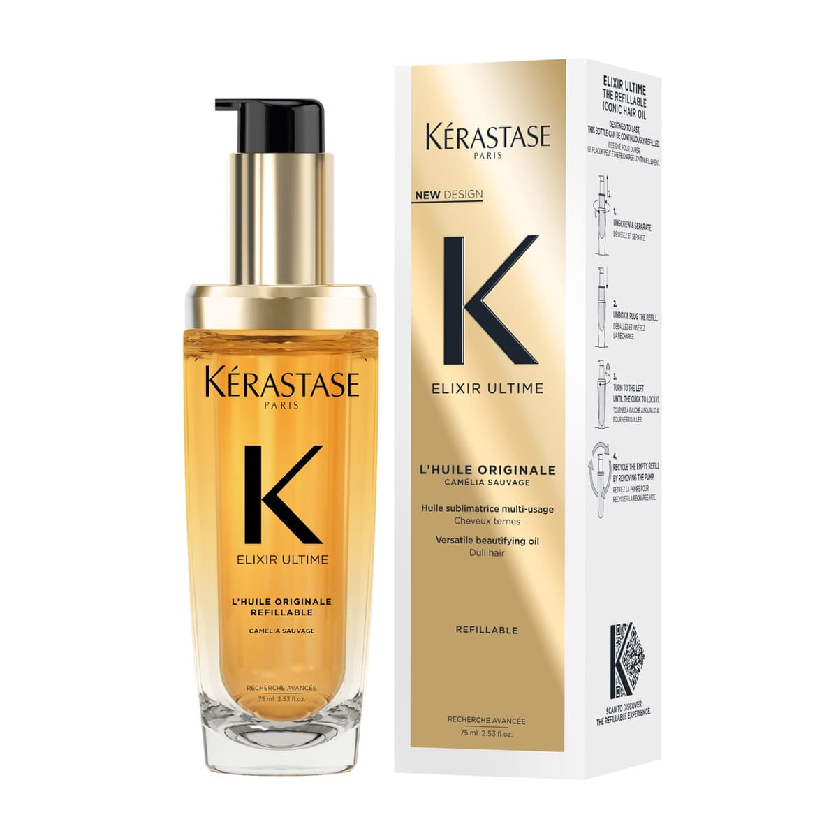 Kérastase Elixir Ultime Hair Oil L'Huile Originale Refillable, For All Hair Types with Argan Oil & Heat Protection