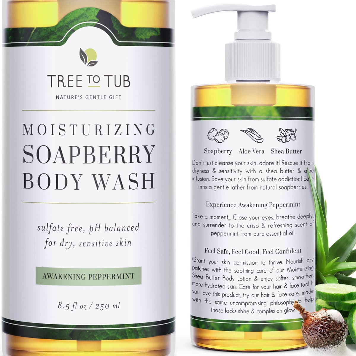 Peppermint Body Wash for Sensitive Skin and Dry Skin - pH Balanced, Hydrating, Sulfate Free, Vegan Body Soap with Organic Aloe Vera