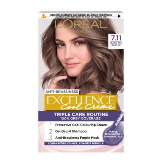 L’Oréal Paris Excellence Cool Crème Permanent Hair Dye, Long-lasting Anti-Brassiness Colour, 7.11 Ultra Ash Blonde