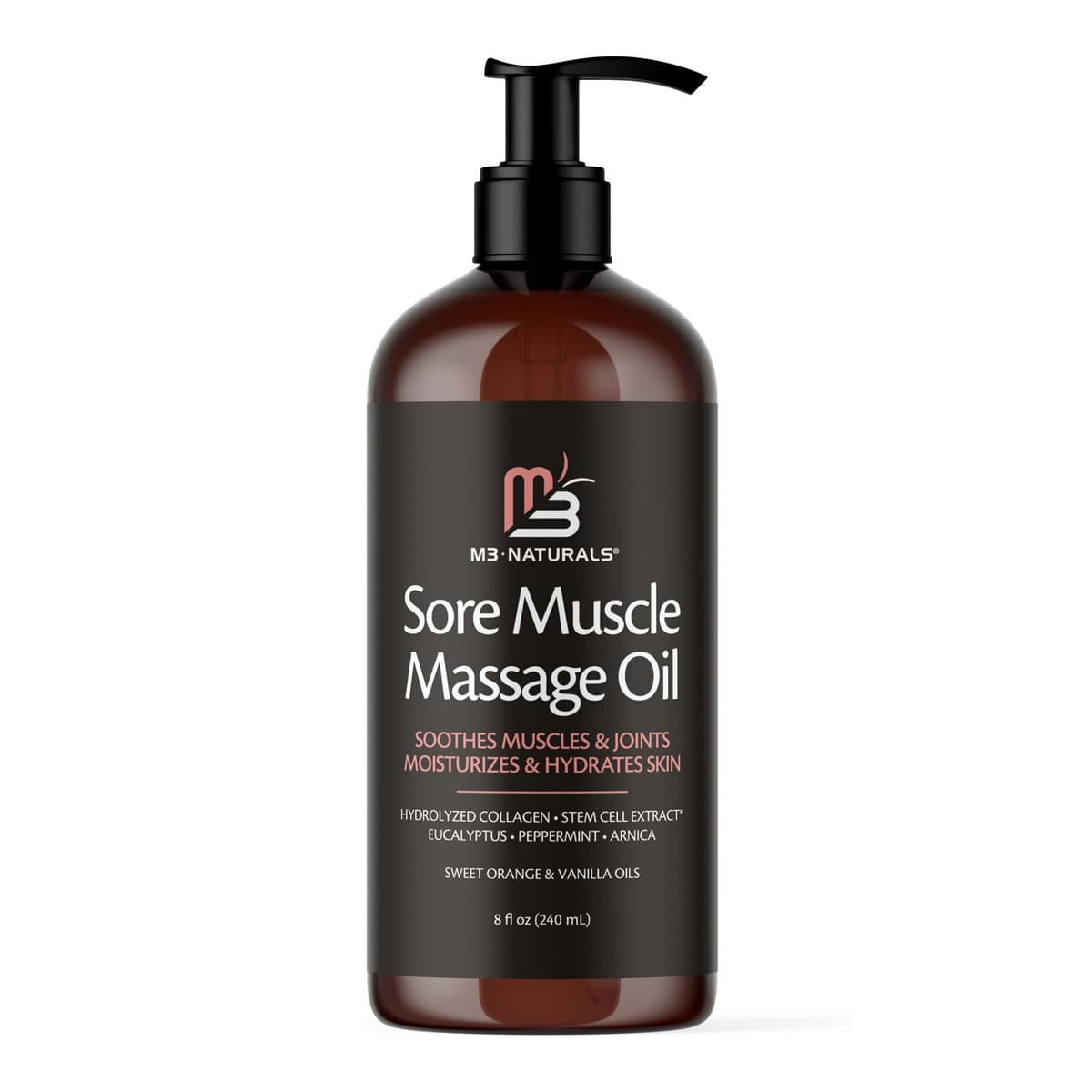 Arnica Sore Muscle Massage Oil for Massage Therapy, Anti-Cellulite Massage Oil with Collagen Stem Cells, Arnica & Menthol, M3 Naturals