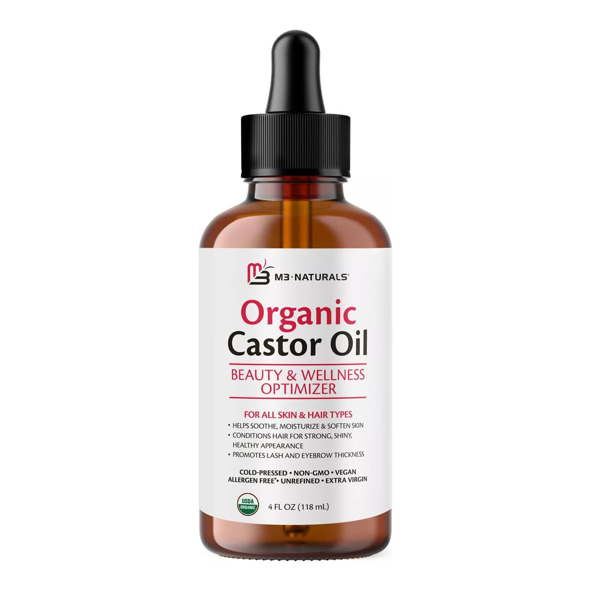 100% Pure Castor Oil, Hexane Free Cold Pressed Castor Oil for Skin, Lashes & Hair Nourishment, Virgin, Allergen-Free & Non-GMO, M3 Naturals