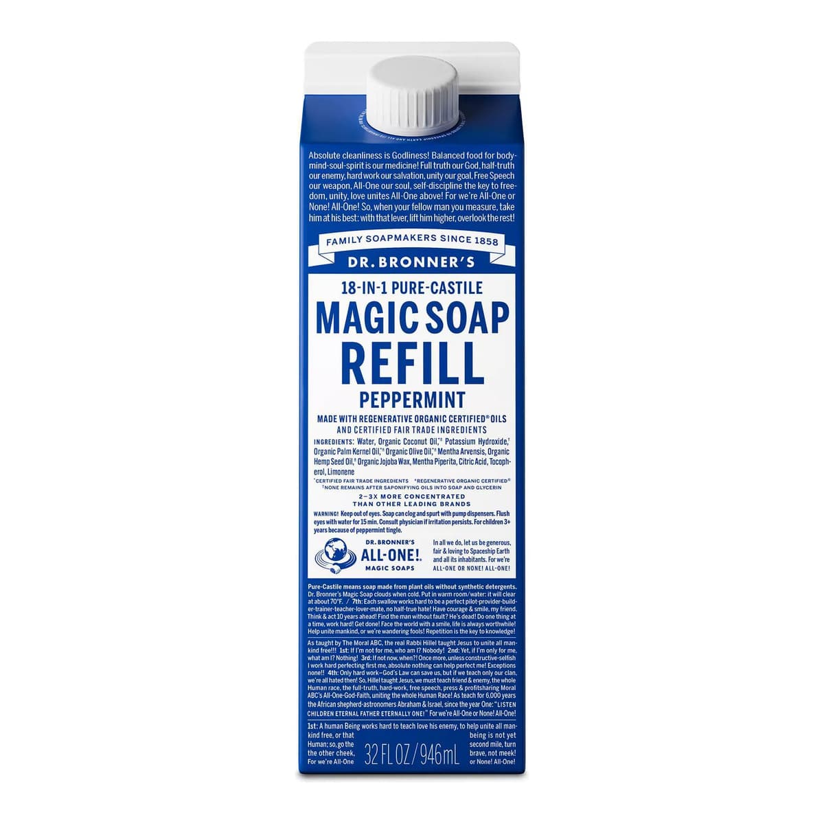 Pure Castile Liquid Soap Bodywash Refill Carton - Peppermint