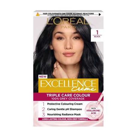 L’Oréal Paris Excellence Crème Permanent Hair Dye, Up to 100% Grey Hair Coverage, 1 Natural Darkest Black