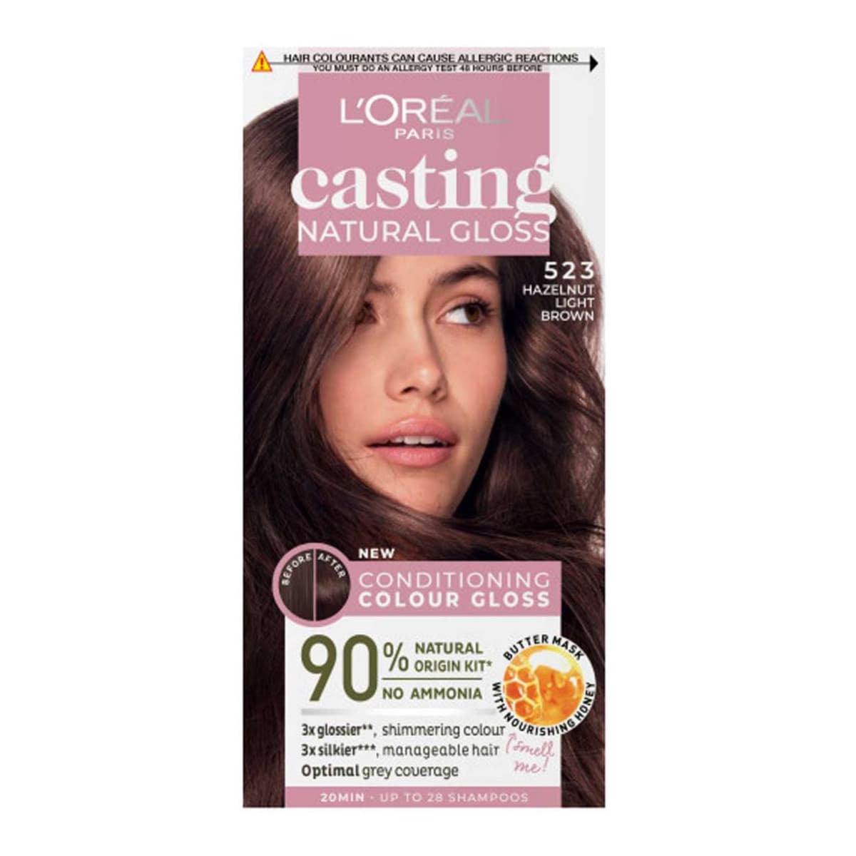 L’Oréal Paris Casting Natural Gloss Semi-Permanent Hair Dye, Ammonia Free, 5.23 Hazelnut Light Brown