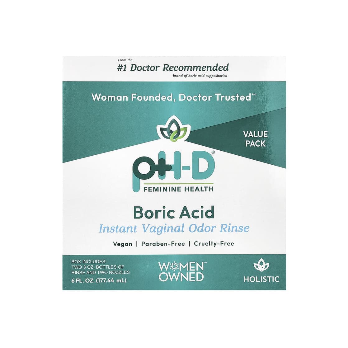 Boric Acid, Instant Vaginal Odor Rinse, 2 Bottles & 2 Nozzles