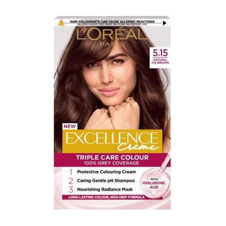 L’Oréal Paris Excellence Crème Permanent Hair Dye, Up to 100% Grey Hair Coverage, 5.15 Natural Iced Brown