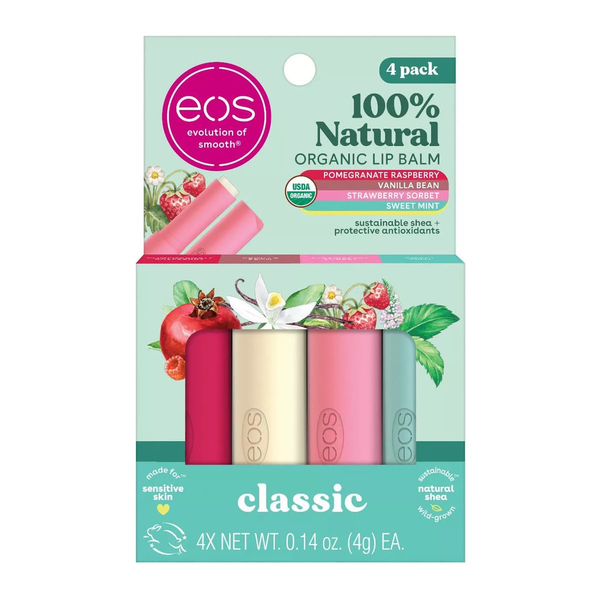 Natural & Organic Lip Balm Stick - Vanilla/Sweet Mint/Pomegranate Raspberry/Strawberry Sorbet - 4pk