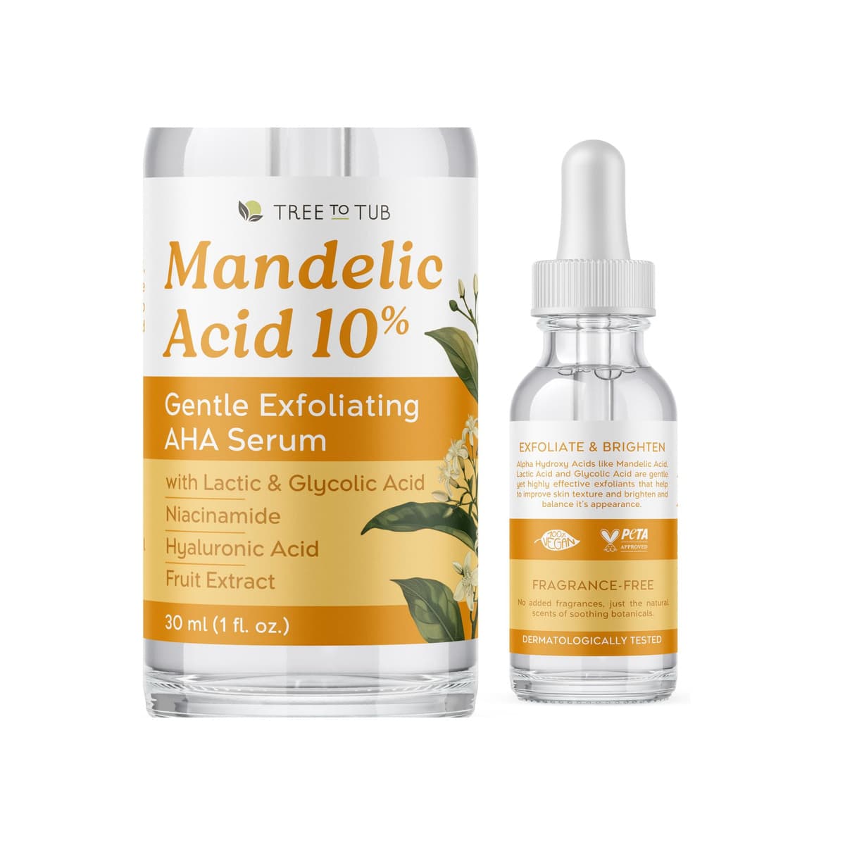 Mandelic Acid Serum - 10% Gentle Exfoliating AHA Serum - Lactic & Glycolic Acid for Smoother Skin - Vegan Skincare for Men & Women