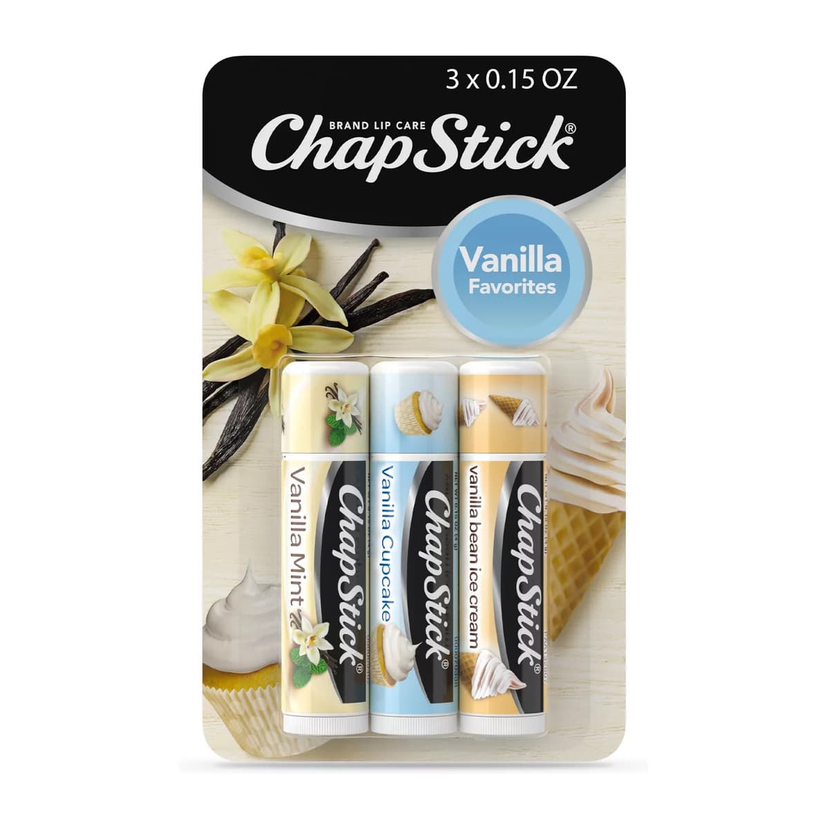 Vanilla Favorites Lip Balm - Vanilla Mint, Vanilla Cupcake and Vanilla Bean Ice Cream Flavored