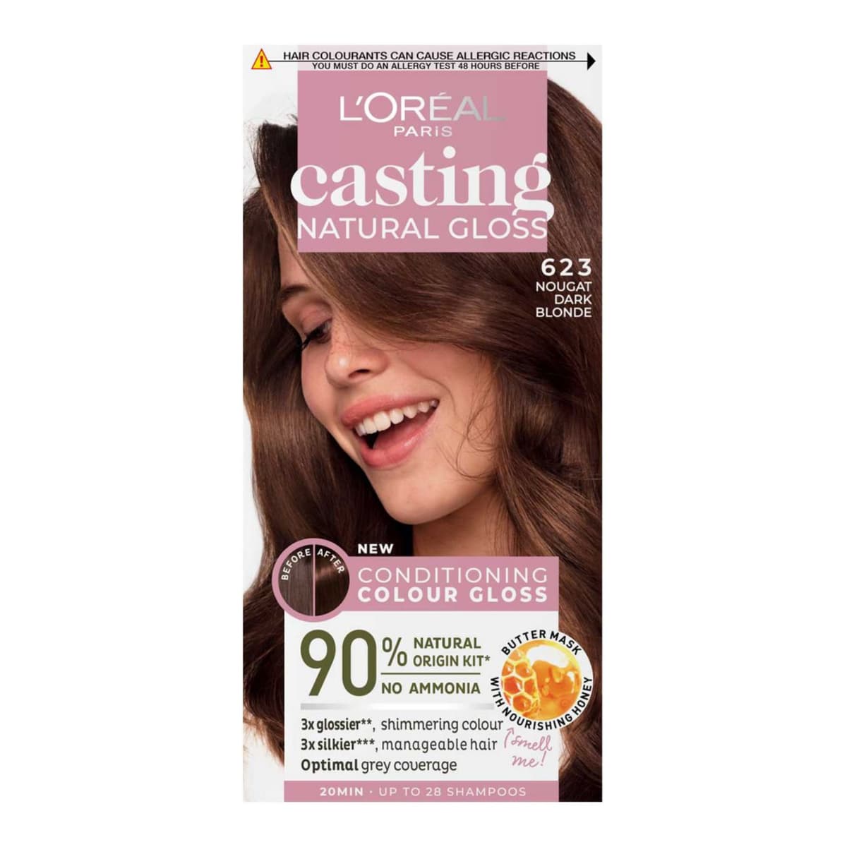 L’Oréal Paris Casting Natural Gloss Semi-Permanent Hair Dye, Ammonia Free, 6.23 Nougat Dark Blonde