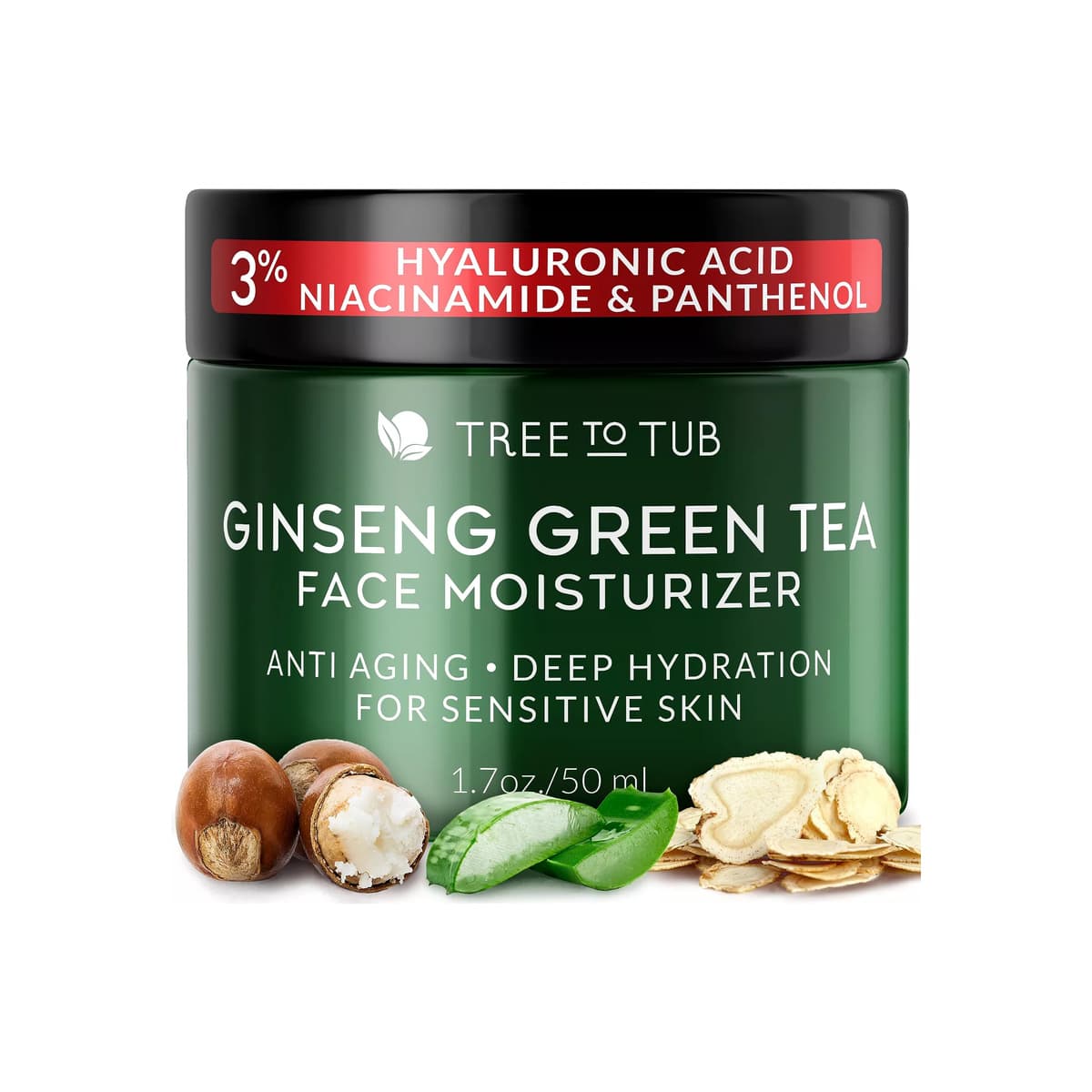 Hydrating Face Moisturizer - Water-Based Hyaluronic Acid, Vitamin C & E, Organic Aloe, Green Tea, Natural Ginseng for Dry & Sensitive Skin