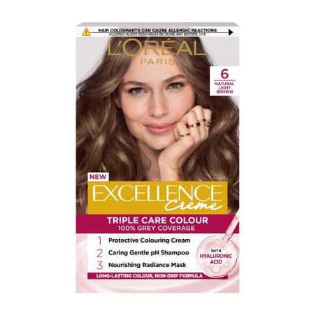 L’Oréal Paris Excellence Crème Permanent Hair Dye, Up to 100% Grey Hair Coverage, 6 Natural Light Brown