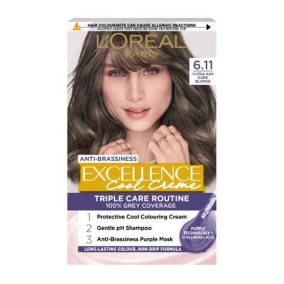 L’Oréal Paris Excellence Cool Crème Permanent Hair Dye, Long-lasting Anti-Brassiness Colour, 6.11 Ultra Ash Dark Blonde