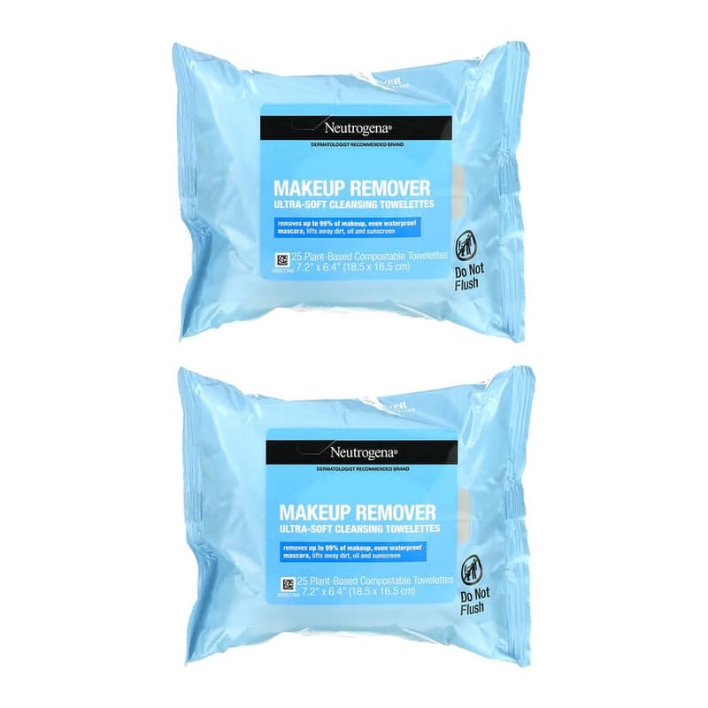 Makeup Remover Ultra-Soft Cleansing Towelettes, 2 Packs, 25 Plant-Based Compostable Towelettes