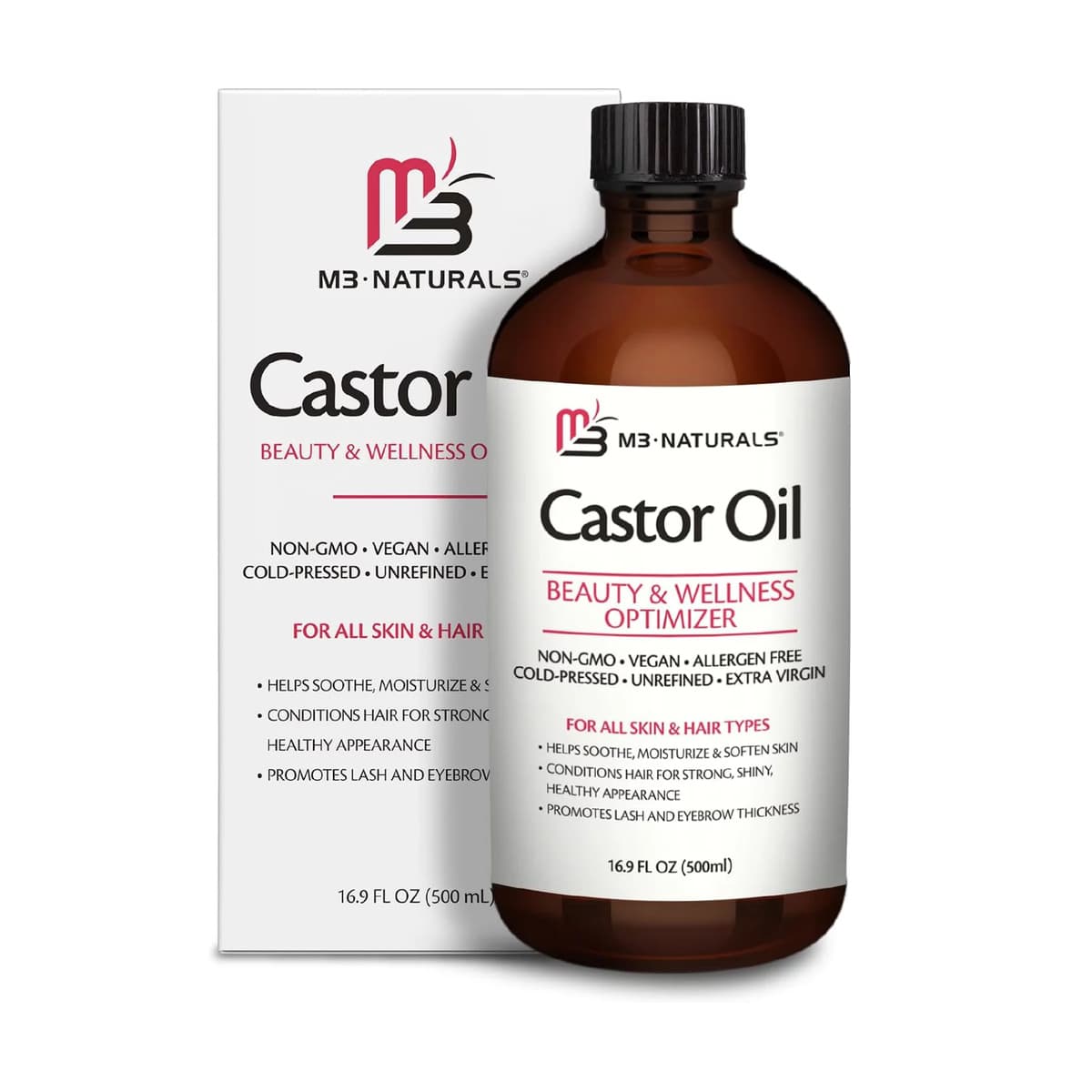 Pure Castor Oil in Cold Pressed Glass Bottle, Unrefined Organic Castor Oil for Hair Lashes Brows Skin and Detox Practices, M3 Naturals